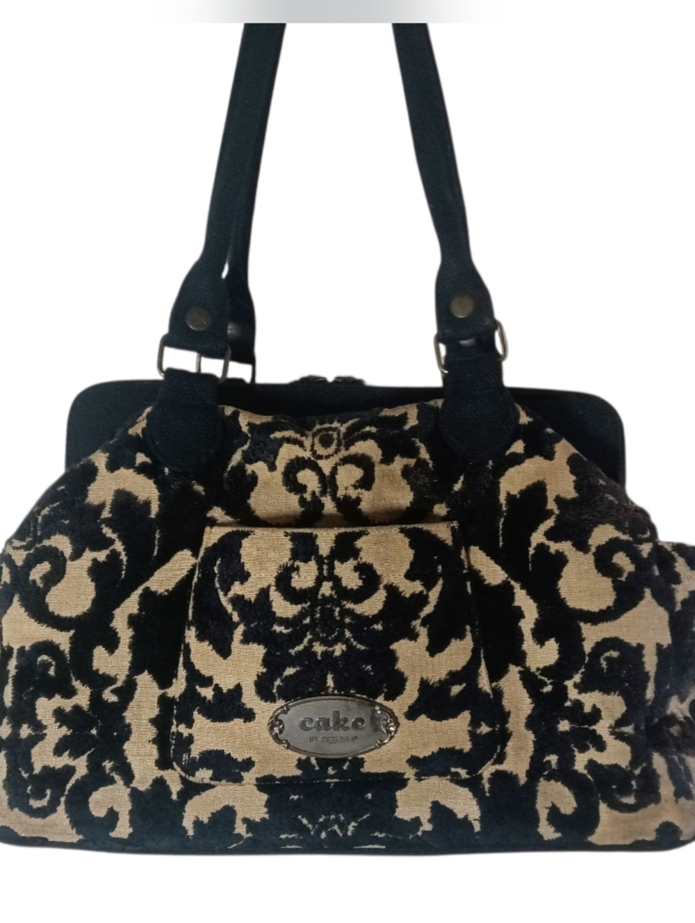 Cake By Petunia Pickle Bottom Diaper Bag In A Velvet Black And Cream Damask GUC